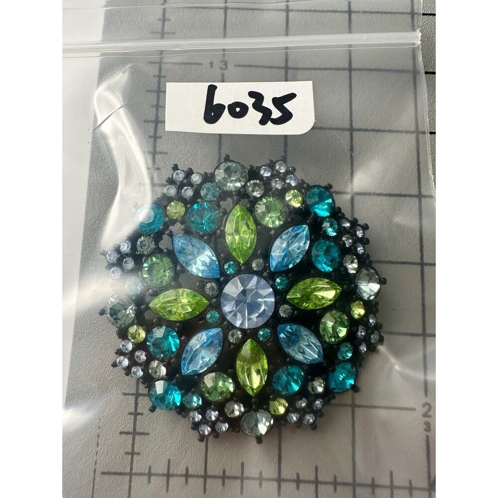 Green Blue Rhinestone Flower Pin Brooch - Picture 7 of 7